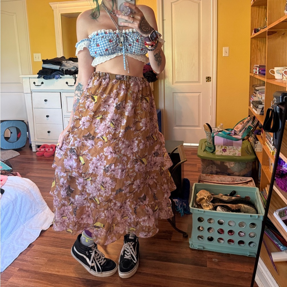 H&M Brown Maxi Bubble Skirt with Ruffled Tiers